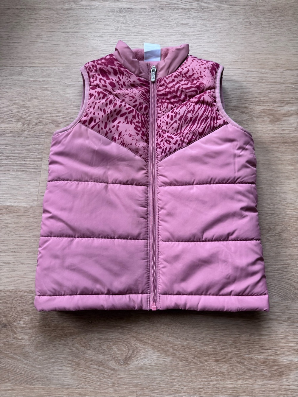 Girls Nike Pink Puffer Vest with Animal Print Yoke - Size 6/7